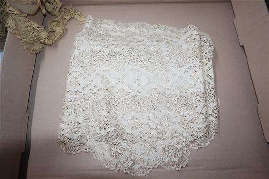 A large Maltese silk shawl, similar stole and collar and three lengths of Brussels point de gaze